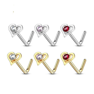 14 Karat Gold Nasenstecker L-Form Herz Zirkonia Gelbgold Weißgold