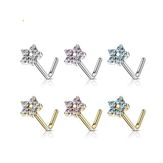 14 Karat Gold Nasenstecker L-Form Blume Zirkonia Gelbgold Weißgold