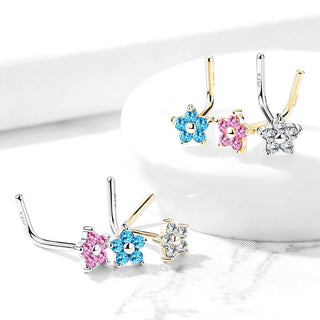 14 Karat Gold Nasenstecker L-Form Blume Zirkonia Gelbgold Weißgold