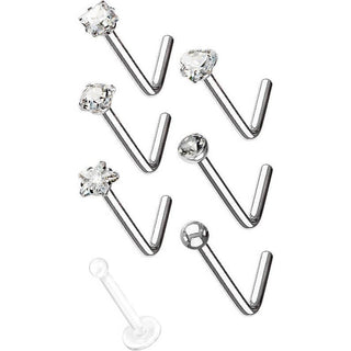 Nasenstecker L-Form Set Zirkonia Silber, 7 Stück