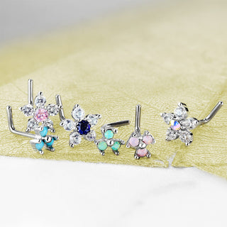 Nasenstecker L-Form Blumen Zirkonia Silber, 6 Stück