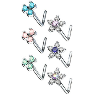 Nasenstecker L-Form Blumen Zirkonia Silber, 6 Stück