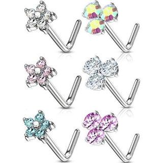 Nasenstecker L-Form Blumen Zirkonia Silber, 6 Stück