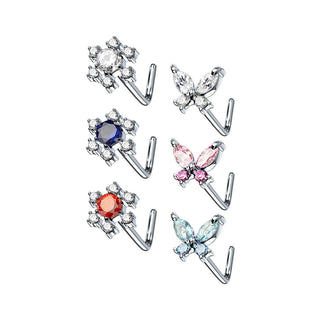 Nasenstecker L-Form Schmetterling Blume Zirkonia Silber, 6 Stück