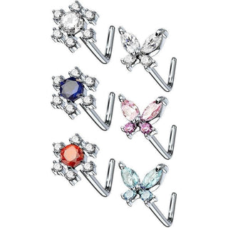 Nasenstecker L-Form Schmetterling Blume Zirkonia Silber, 6 Stück