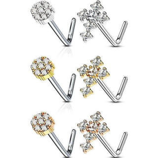 Nasenstecker L-Form Blume Kreuz Zirkonia, 6 Stück