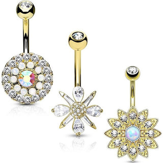 Bauchnabelpiercing Blumen Zirkonia Opal Gold, 3 Stück