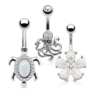 Bauchnabelpiercing Set Zirkonia Opal Siber, 3 Stück