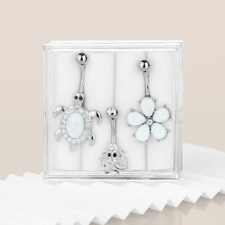 Bauchnabelpiercing Set Zirkonia Opal Siber, 3 Stück