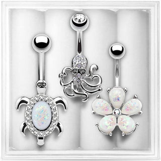 Bauchnabelpiercing Set Zirkonia Opal Siber, 3 Stück