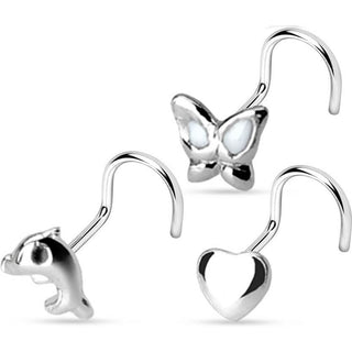 Silber 925 Nasenstecker Set Schmetterling Herz Delfin Silber, 3 Stück