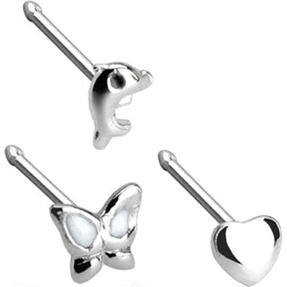 Silber 925 Nasenstecker Set Schmetterling Herz Delfin Silber, 3 Stück
