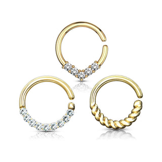 Septum Piercing Set Ring Zirkonia Gold Biegbar, 3 Stück
