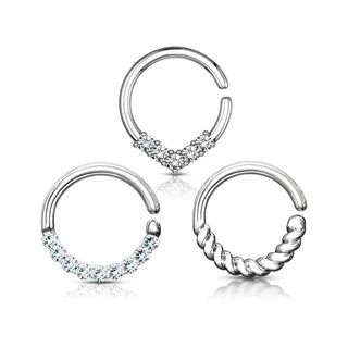 Septum Piercing Set Ring Zirkonia Gold Biegbar, 3 Stück