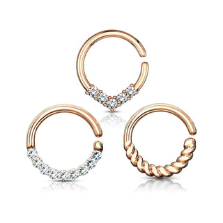 Septum Piercing Set Ring Zirkonia Gold Biegbar, 3 Stück