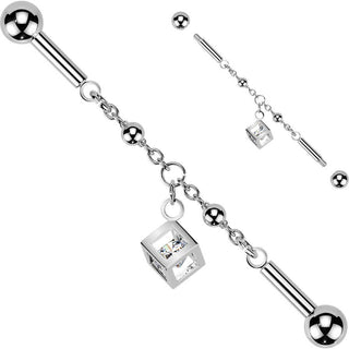 Industrial Barbell centered chain cubic zirconia cube dangle