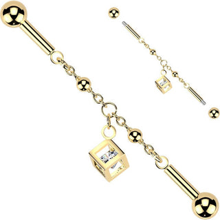 Industrial Barbell centered chain cubic zirconia cube dangle