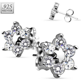 Silver 925 Stud Earring Sterling Silver Center Star Flower Cubic Zirconia Shard Petals Stud Earrings 1 Pair