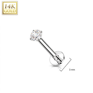 Solid Gold 14 Carat Labret Round Zirconia Push-In