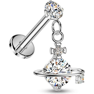 Labret prong setting cubic zirconia and cubic zirconia saturn dangle Push-In