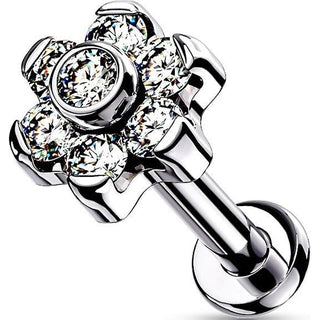 Titanium Labret Push-In Flower Zirconia Silver
