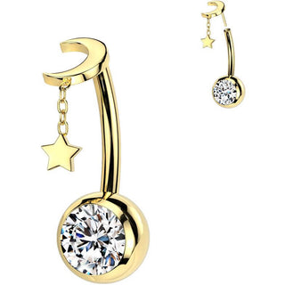 Titanium Belly Button Piercing star moon dangle zirconia Push-In