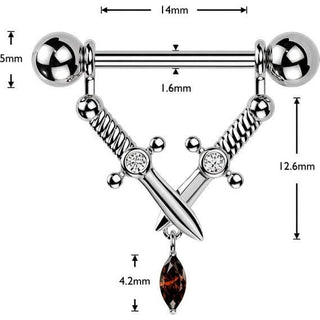 Nipple Piercing crossed daggers marquise cubic zirconia dangle