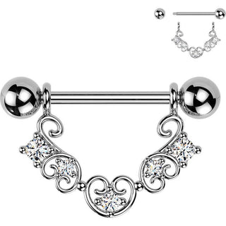 Nipple Piercing heart filigree multi cubic zirconia dangle prong setting