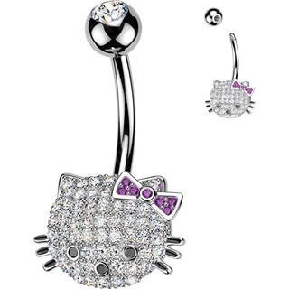 Belly Button Piercing pave cubic zirconia cat pink bow