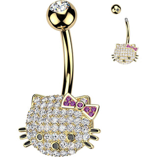 Belly Button Piercing pave cubic zirconia cat pink bow