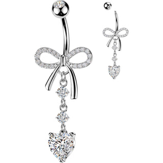 Belly Button Piercing dangle pave ribbon round heart cubic zirconia