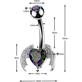 Belly Button Piercing bat wings heart cubic zirconia