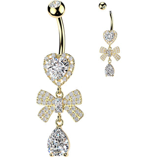 Belly Button Piercing dangle heart pave ribbon teardrop cubic zirconia
