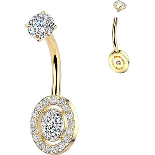 Belly Button Piercing prong set oval and pave cubic zirconia Internally Threaded