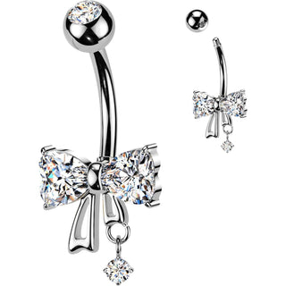 Belly Button Piercing heart cubic zirconia bow and round cubic zirconia dangle