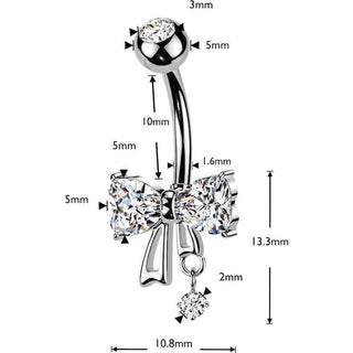 Belly Button Piercing heart cubic zirconia bow and round cubic zirconia dangle