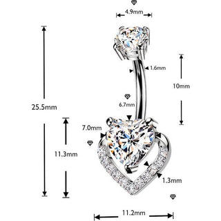 Belly Button Piercing pave and prong set heart cubic zirconia Internally Threaded