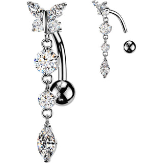 Belly Button Piercing Top Down Butterfly Round Marquise Cubic Zirconia Dangle