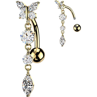 Belly Button Piercing Top Down Butterfly Round Marquise Cubic Zirconia Dangle