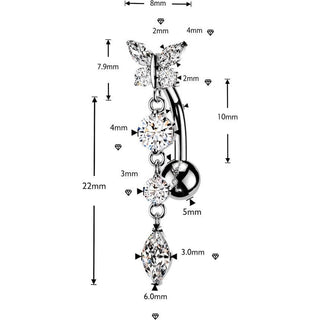 Belly Button Piercing Top Down Butterfly Round Marquise Cubic Zirconia Dangle