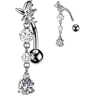Belly Button Piercing flower with round and teardrop cubic zirconia dangle