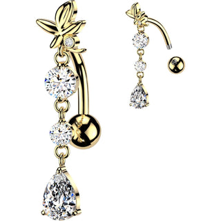 Belly Button Piercing flower with round and teardrop cubic zirconia dangle