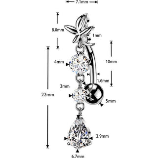 Belly Button Piercing flower with round and teardrop cubic zirconia dangle