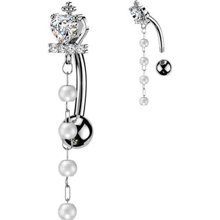 Belly Button Piercing cross and heart cubic zirconia crown with pearl dangles