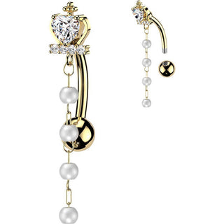 Belly Button Piercing cross and heart cubic zirconia crown with pearl dangles