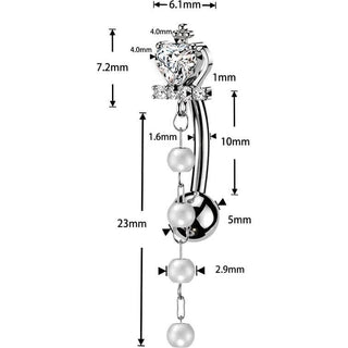 Belly Button Piercing cross and heart cubic zirconia crown with pearl dangles
