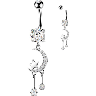 Belly Button Piercing pavé zirconia crescent moon star round dangles