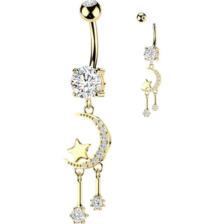 Belly Button Piercing pavé zirconia crescent moon star round dangles