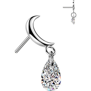 Titanium top crescent moon with teardrop zirconia dangle Push-In
