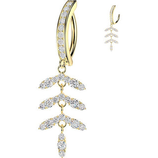 Belly Button Piercing pave cubic zirconia with leaf chain dangle Clicker